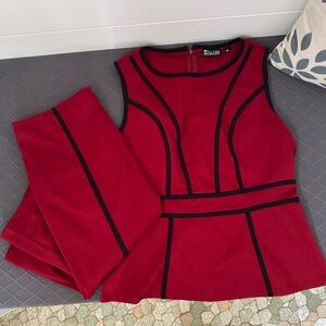 New York & Company Red Sleeveless Peplum Top & Pencil Skirt Set w/ Black Trim, L